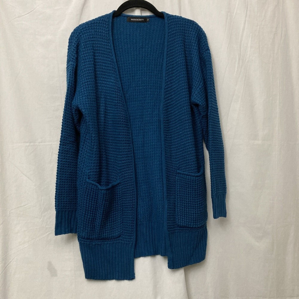 Merokeety Women's Blue Waffle Knit Open Front Cardigan Vented w/Pockets -‎ SZ S